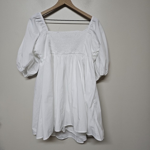 Abercrombie & Fitch Dress Sz XLP White Emerson Babydoll Poplin Puff Sleeve Mini - Picture 4 of 11